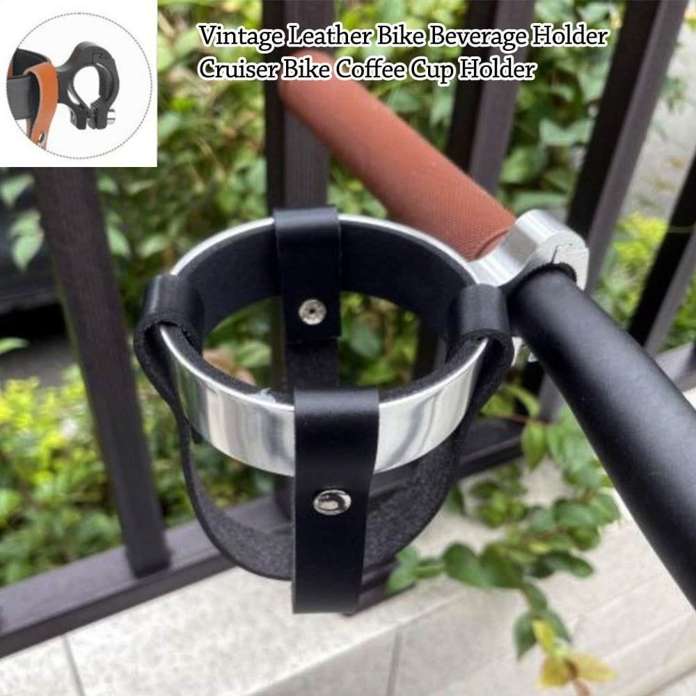 Vintage Leather Bike Beverage Holder Cruiser Bike Coffee Cup Holder, Water Bottle Cup Holder with Metal Clamp