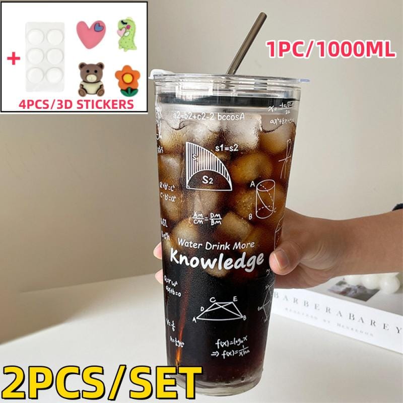 1Set Cycling Coffee Cup 1000ml Transparent Party Juice Beer Mug Bike Travel Milk Water Mug With Lid And Straw And 3D Sticker