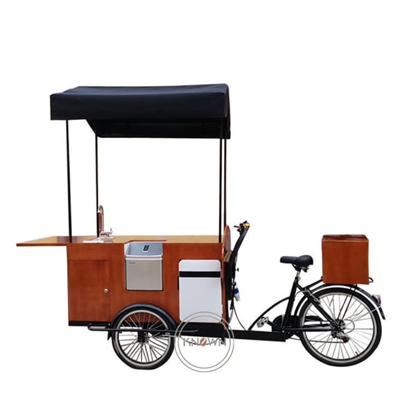 Brown Mobile Coffee Carts Bike Outdoor Kiosk with Portable Ice Maker Electric Bicycle Ice Cream Freezer Food Vending Cart