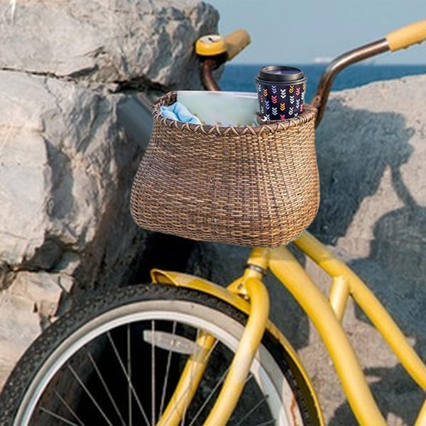 Bike Basket with Coffee Cup Holder Multifunction with Straps Bike Decoration Bicycle Basket for Cycling Shopping Riding Picnic