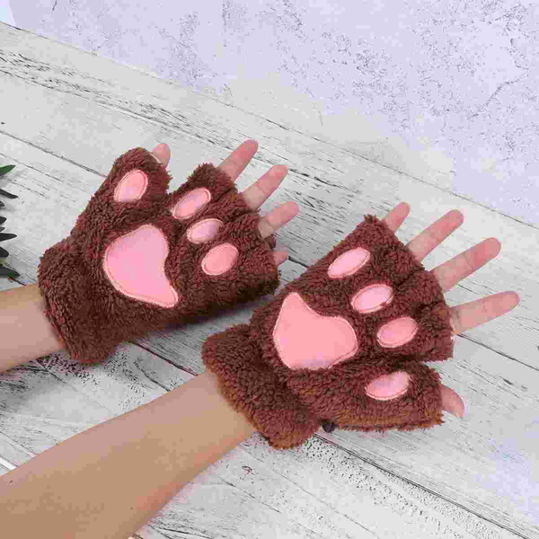 2pcs Plush Wool Cloth Half Finger Gloves Cat Paw Shape Cosplay Props for Women Kids Girls Coffee