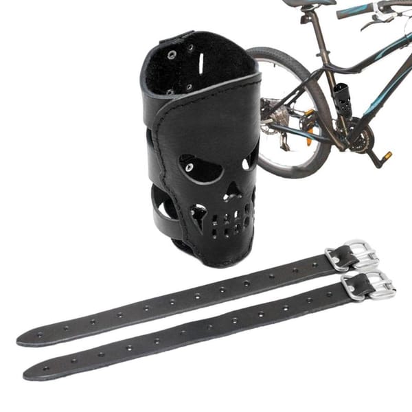Bike Water Bottle Holder Motorcycle Biker Drink Holder PU Leather Skull Shape Universal Coffee Water Bottle Cup Holder With 2