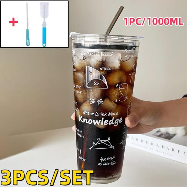 1Set Cycling Coffee Tumbler Cup 1000ml Transparent Glass Cup Reusable Bike Travel Coffee Mug With Lid And Straw And Cleaning