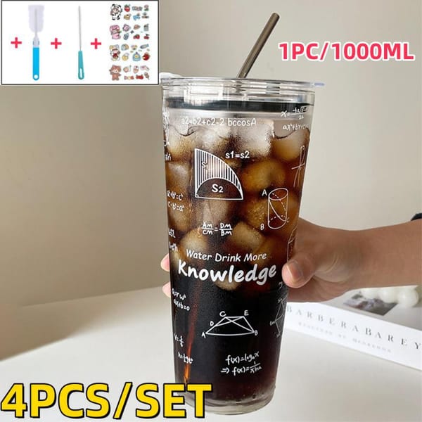 1Set Cycling Coffee Cup 1000ml Transparent Glass Cup Reusable Bike Travel Coffee Mug With Lid And Straw And Sticker Cleaning