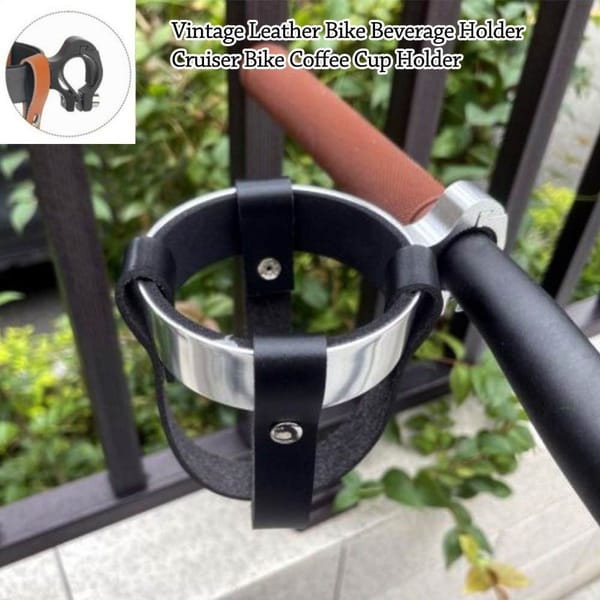 Vintage Leather Bike Beverage Holder Cruiser Bike Coffee Cup Holder, Water Bottle Cup Holder with Metal Clamp