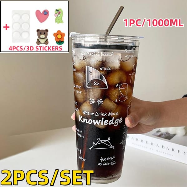1Set Cycling Coffee Cup 1000ml Transparent Party Juice Beer Mug Bike Travel Milk Water Mug With Lid And Straw And 3D Sticker